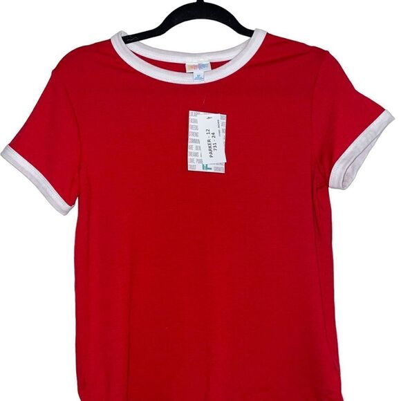 LuLaRoe Size 12 Kids Parker Tee • Solid Red w/White Trim • Americana Collection - Picture 3 of 13